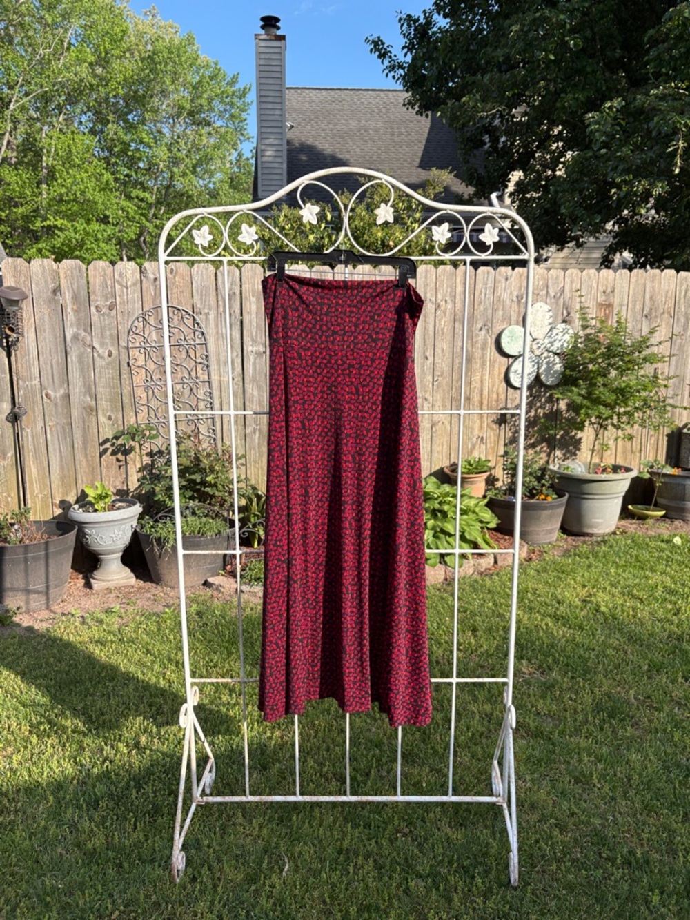 LuLaRoe Burgundy Midi Skirt with Black Micro Floral